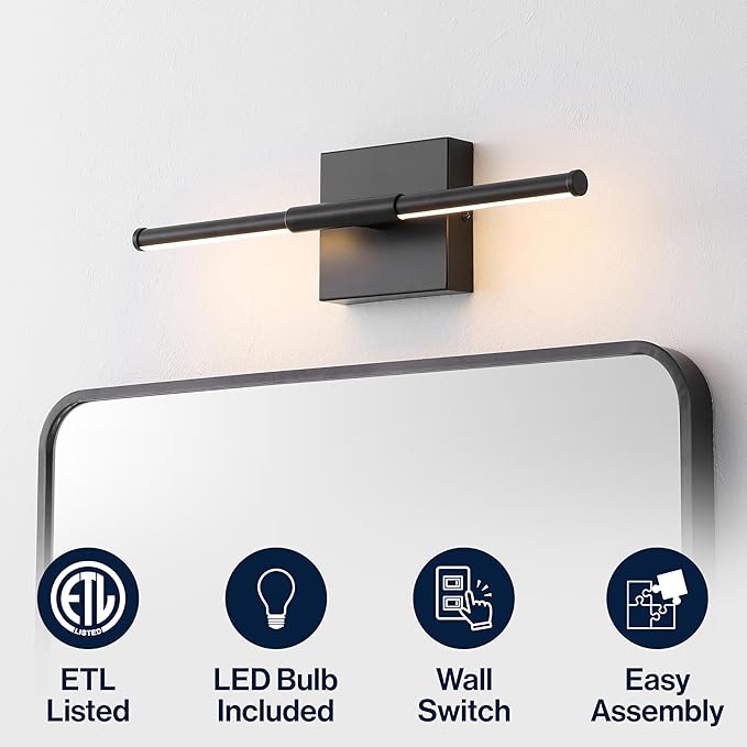 JONATHAN Y 16.25" Black Modern Dimmable Integrated LED Wall Sconce, Minimalist Adjustable Metal Vanity Light for Bathroom Mirror, Bedroom, Hallway, 3000K, ETL Listed (JYL7039C)