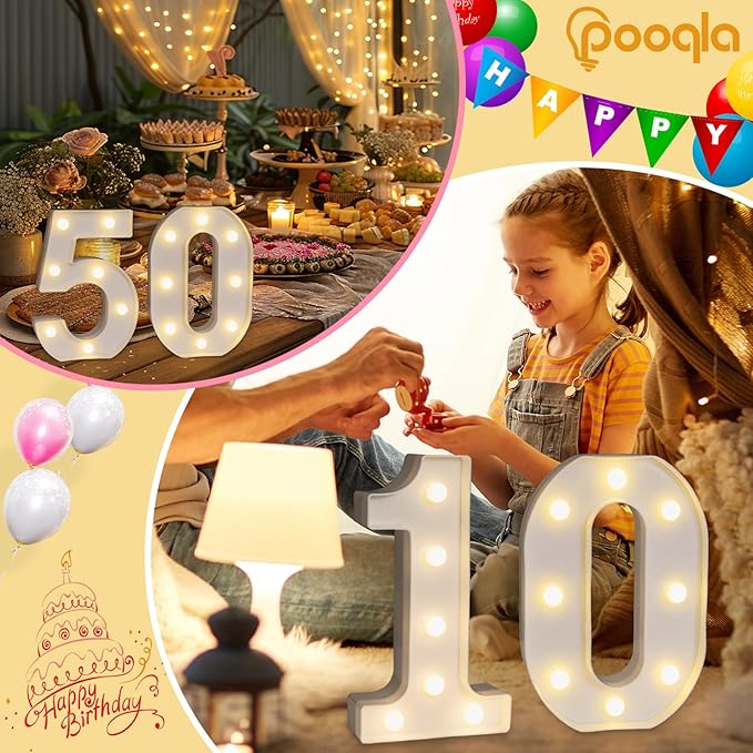 Pooqla Decorative Led Light Up Number Letters, White Plastic Marquee Number Lights Sign for 10th Birthday Party Wedding Decor Battery Operated Number (10)