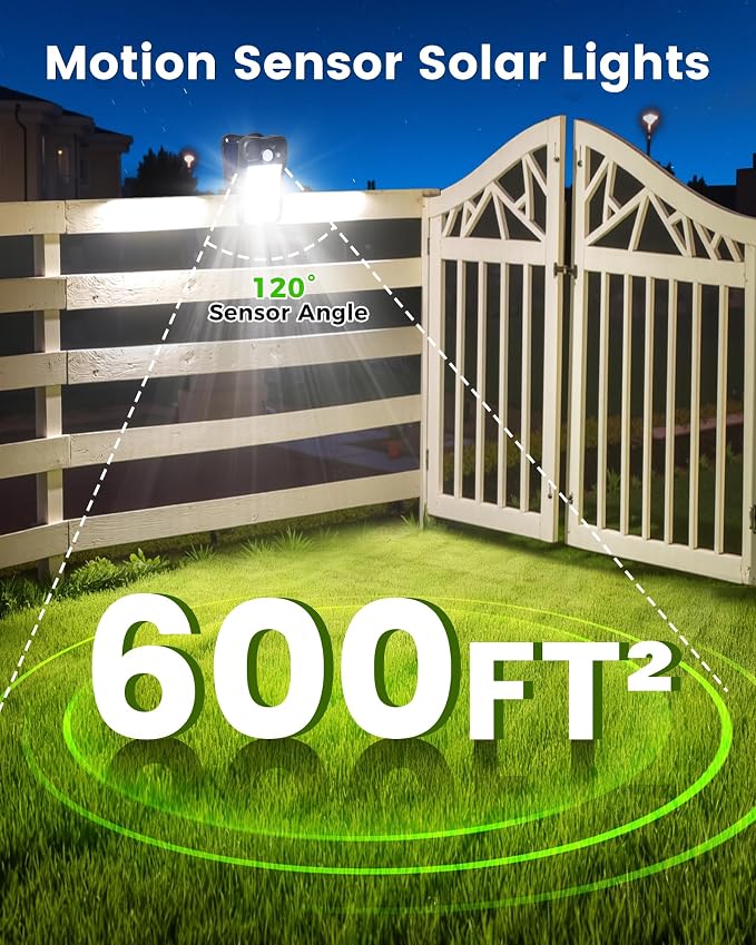 Clip on Solar Lights Outdoor, Solar Motion Sensor Lights Outdoor with Waterproof 3 Modes, 60LEDs 500LM Portable Security Light for Fence, Deck, Yard, Camping, USB Charging, 6 Black