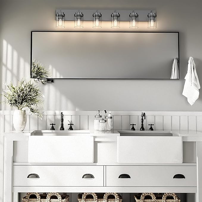 Espird Bathroom Vanity Light, 6 Light Bathroom Light Fixtures Over Mirror, Black Vanity Lights with Clear Glass Shade, Modern Bathroom Light Fixtures for Bedroom, Hallway