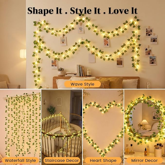 DomeStar 40Ft 120 LED Pothos Vines String Lights with Remote, Fairy Lights with Artificial Greenery Vines for Bedroom, Dorm, Wall, Wedding, Party, Indoor Outdoor Holiday Home Decor