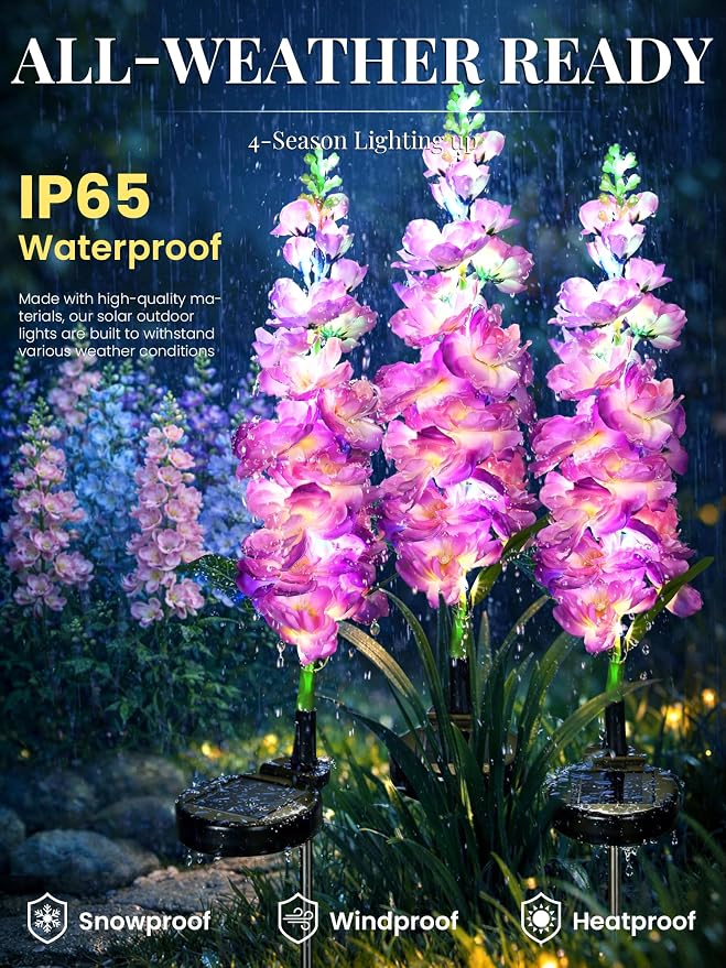 GIGALUMI Solar Lights Outdoor for Garden Decor, 3 Pack Solar Flower Lights Waterproof, 2 Lighting Modes Delphinium for Pathway,Yard, Patio, 4th of July Decoration, Gifts for Women (Purple)