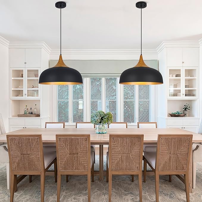 Black Farmhouse Dome Pendant Light 17.7" Large Vintage Pendant Light Fixture Hanging Wooden Pendant Lighting for Kitchen Island Dining Room Living Room Foyer Hallway