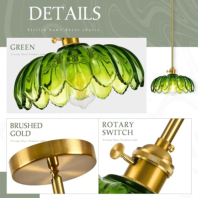 Mid Century Modern Pendant Light 2 Pack Hanging Adjustable Pendant Lights with Brushed Gold Fixture Green Flower Glass Vintage Chandelier for Kitchen Island Bedroom Dining Room（Bulb Incl.）