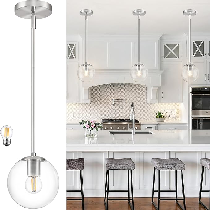 Bagood 6 Inch Globe Pendant Light Nickel Globe Pendant Lights Kitchen Island Mid Century Light Fixture with Hight Clear Glass Contemporary Adjustable Hanging Lights for Dining Room (Bulb Included)