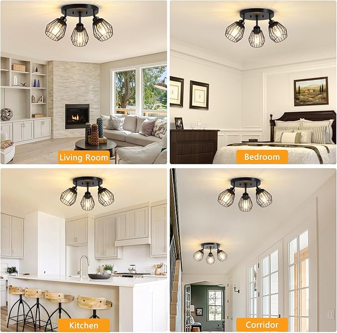 3-Light Kitchen Light Fixtures Ceiling Mount, Adjustable Multi-Directional Farmhouse Black Metal Cage Flush Mount Ceiling Light Fixtures for Hallway Dining Room Entryway