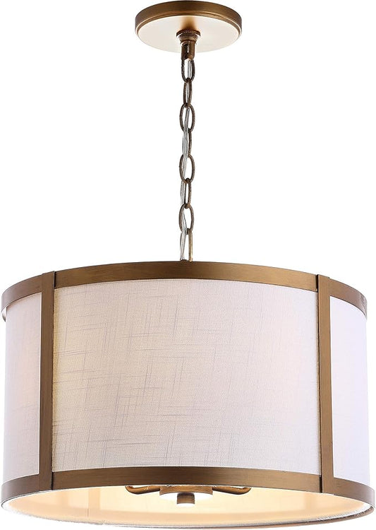 JONATHAN Y 17" Gold/White Metal LED Pendant Light for Kitchen Island, White Linen Drum Shade, Transitional Ceiling Hanging Fixture for Dining Room, 4 Bulbs Included (JYL3510B)