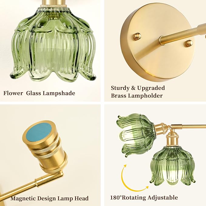 Wireless Wall Sconce with Flower lampshade, Battery Operated Wall Lights,Wall lamp with 15 Colors for Bedroom Living Room Home Decor (Green, 2 Light Battery Operated)