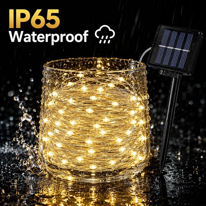 ALENEY Solar String Lights Outdoor, 33 Feet 100 LEDs 8 Modes Solar Fairy Lights for Outside, Waterproof Outdoor Light for Patio Yard Christmas Tree Halloween Wedding Party Decorations, Warm White