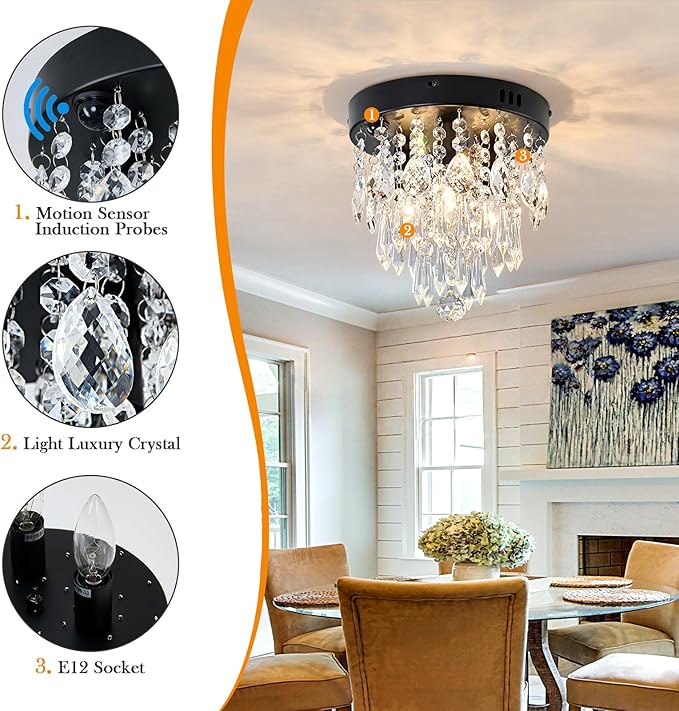 YYJLX Indoor Motion Sensor Ceiling Light Modern Crystal Chandelier Black Mini Flush Mount Light Fixture for Hallway Closet Porch Hall Front,3 Light E12.