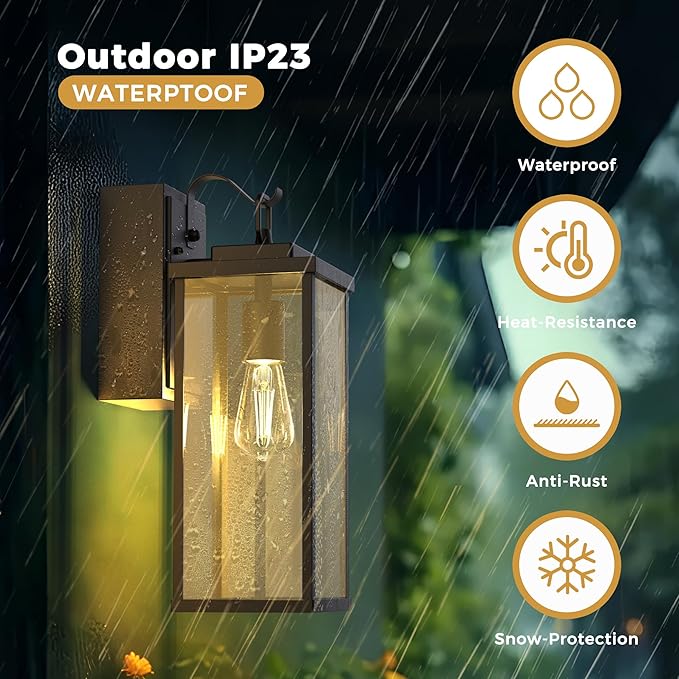 DORESshop Upgraded Dusk to Dawn Outdoor Wall Lights with GFCI Outlets, 16 Inch Matte Black Waterproof Anti-Rust Outdoor Light Fixtures with Clear Glass, Exterior Light Fixtures for Porch, Garage, ETL