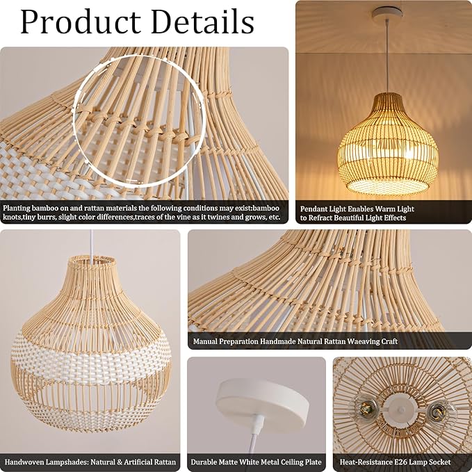 14.56" Rattan Pendant Light Fixture,2-Light Hand-Woven White Wicker Basket Chandelier 1-Pack Boho Faux Rattan Hanging Lamp,for Dining Living Bedroom Kitchen