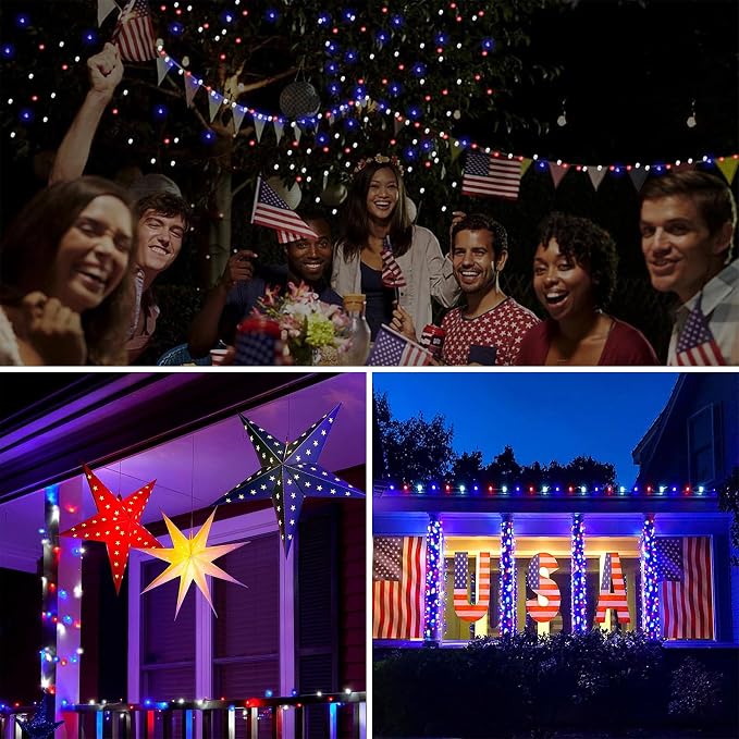 4th of July Red White and Blue Solar String Lights Outdoor, 2 Pack 80FT 200 LED Solar Fairy Lights for Independence Day Decor, Outdoor Twinkle Lights Waterproof with 8 Modes, Garden Yard