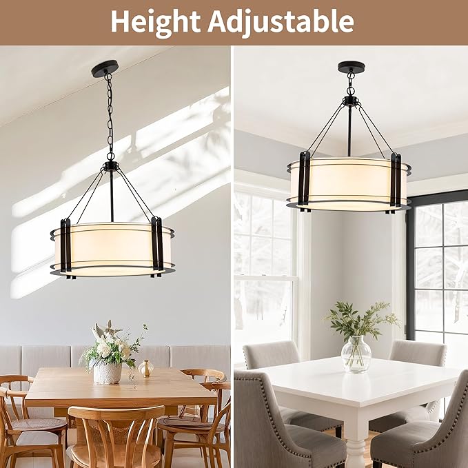 Mayful D20 Modern Farmhouse Chandelier 5-Light Adjustable Pendant Light for Dining Room Light Fixture, Rustic Drum Hanging Chandeliers for Kitchen Island Entryway Foyer Bedroom Living Room,Black