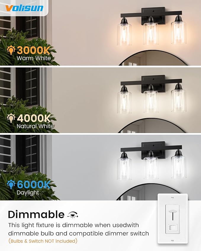 VOLISUN Matte Black Bathroom Light Fixtures, 3-Light Bathroom Vanity Light Over Mirror, Modern Vanity Lights for Bathrooms, Bathrooms Lights Fixtures Over Mirror with Clear Glass Shades