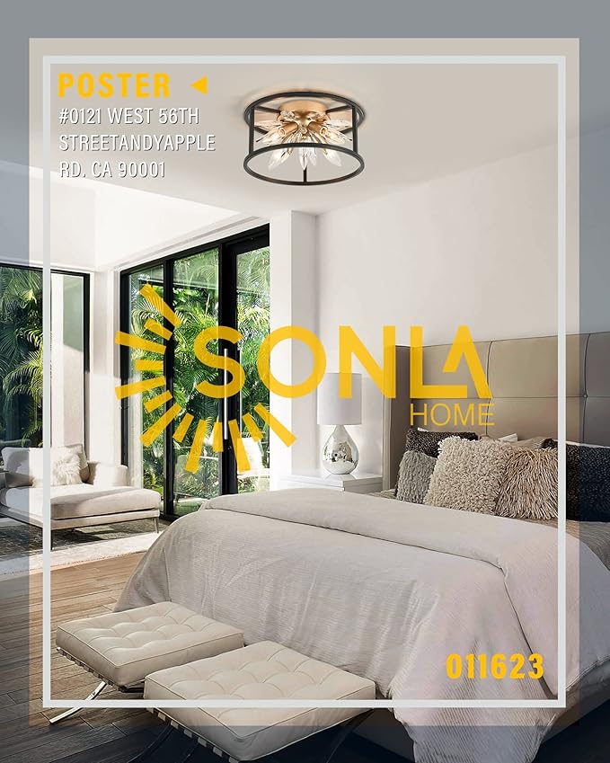 Close to Ceiling Lights - Crystal Ceiling Light Fixture 12-inch Flush Mount Ceiling Lights - E12 Hallway Light - Black and Gold Frame, C1879-R