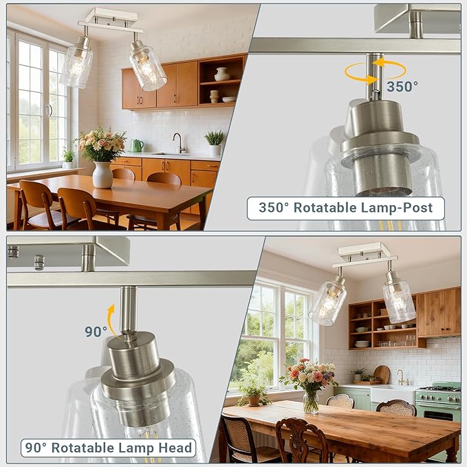 LOUSACE 2 Light Brushed Nickel Track Lighting, Kitchen Ceiling Mounted Light Fixtures Over Sink with Seeded Glass Shade, Flush Mount Wall/Ceiling Track Lighting for Kitchen Island Bathroom, E26 Base
