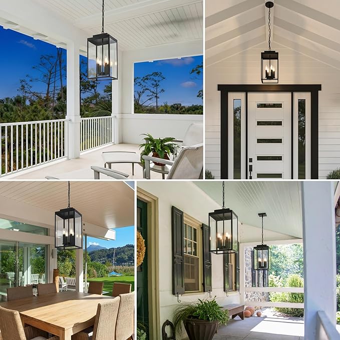 MELUCEE Large Outdoor Pendant Light Fixtures 4-Light, Farmhouse Exterior Hanging Lantern Porch Light, Black Hanging Lamp Ceiling Mount Outdoor Chandelier for Porch Patio Gazebo Entrance
