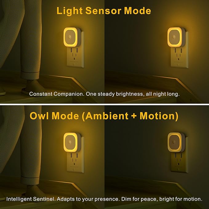 YUNLEX 2 Pack Plug in Night Light with Motion Sensor & Dusk to Dawn Sensor, 3 Sensor Modes, Auto ON/Off, Dimmable, Soft Glow for Living Room, Hallway, Stairs, Bathroom, as Mother Gifts, Golden Yellow