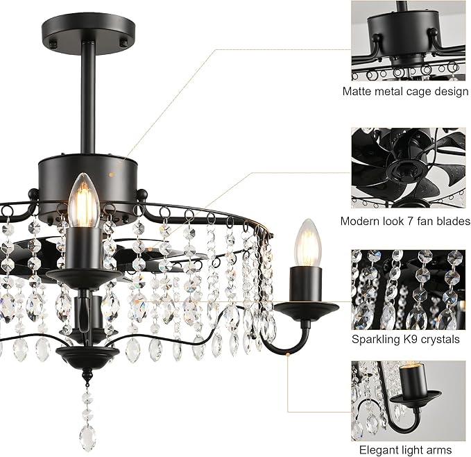 Garwarm 20in Ceiling Fans with Lights,Black Crystal Fandelier Bladeless Industrial Ceiling Fan with Remote,Flush Mount Ceiling Fan Lights for Bedroom Kitchen