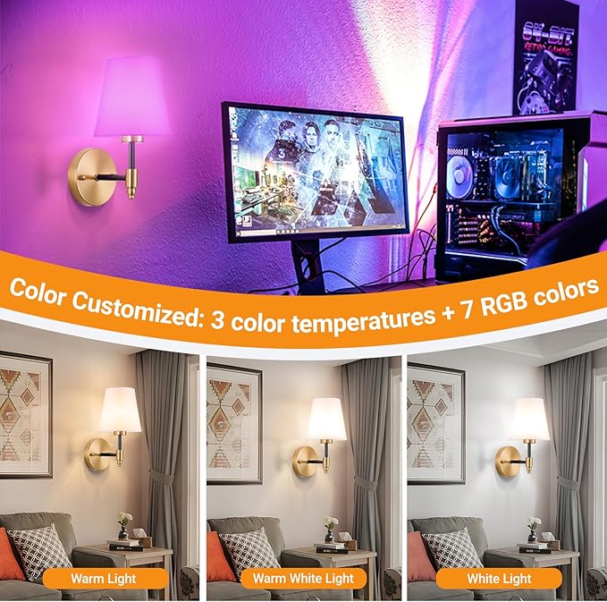 Nekhung Battery Operated Wall Sconces Set of 2, Wireless Wall Light with 10000mAh RGB Dimmable Magnetic Bulb, Rechargeable Wall Sconce with Remote Control for Bedroom Living Room