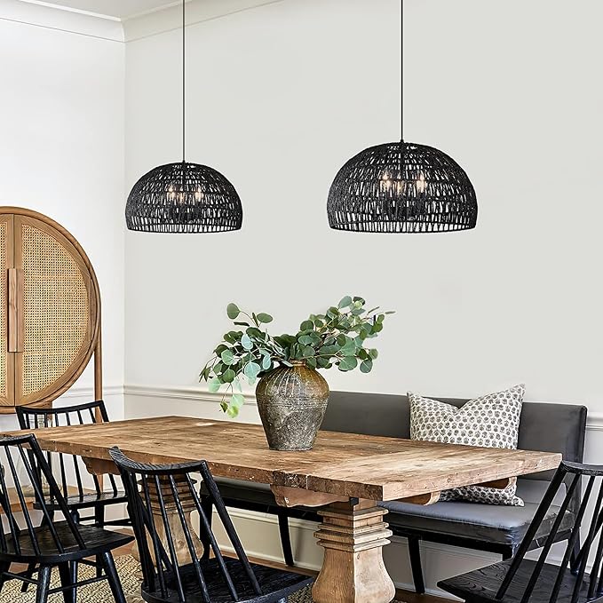 17.6” Black Woven Pendant Lights Boho Chandelier Light Fixture 3-Light Wicker Pendant Lights Rattan Light Pendant Dome Pendant Wicker Light Fixture for Dining Room Bedroom(Bulb Incl.