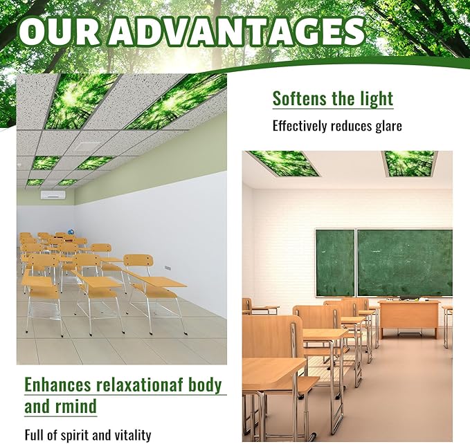 Funtery 10 Pack Fluorescent Light Covers 2 x 4 ft Magnetic Cover Ceiling Classroom Light Filters Cubicle Shield for Classroom Office Home Drop Ceiling Decorations(Greenery)