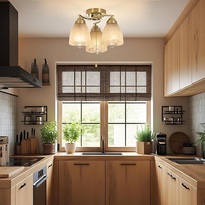 3-Light Flush Mount Ceiling Light with Pull Chain, Modern Golden Lighting Fixtures with Alabaster Glass for Kitchen Island Dining Room Bedroom Farmhouse Foyer Hallway