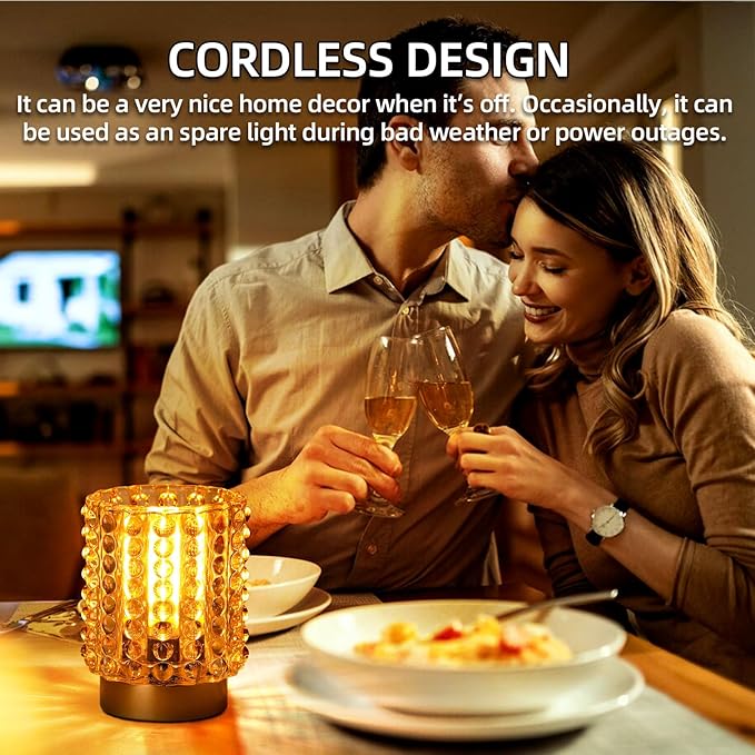 Battery Operated Lamp with Timer, Mini Crystal Table Lamps for Home Decor, Small Cordless Lamp for Areas No Outlets, Glass Battery Powered Lamps for Entryway, Bedroom, Bathroom, Shelf (2 Yellow)