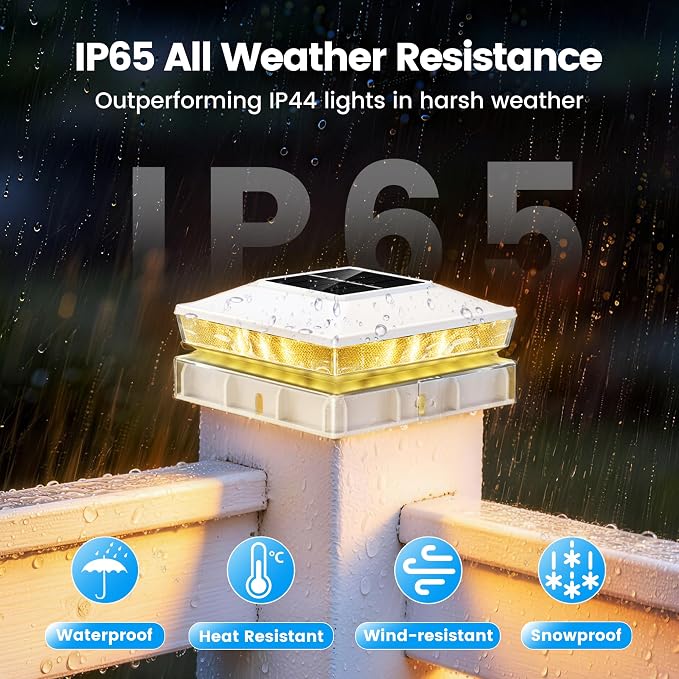 Solar Post Cap Lights 6 Pack, IP65 Waterproof Outdoor Fence Post Solar Lights for 3.5x3.5 & 4x4 Wood/Vinyl Posts, 10-12 Hours Upgraded Warm/Cool White Glow for Garden/Patio/Porch - White