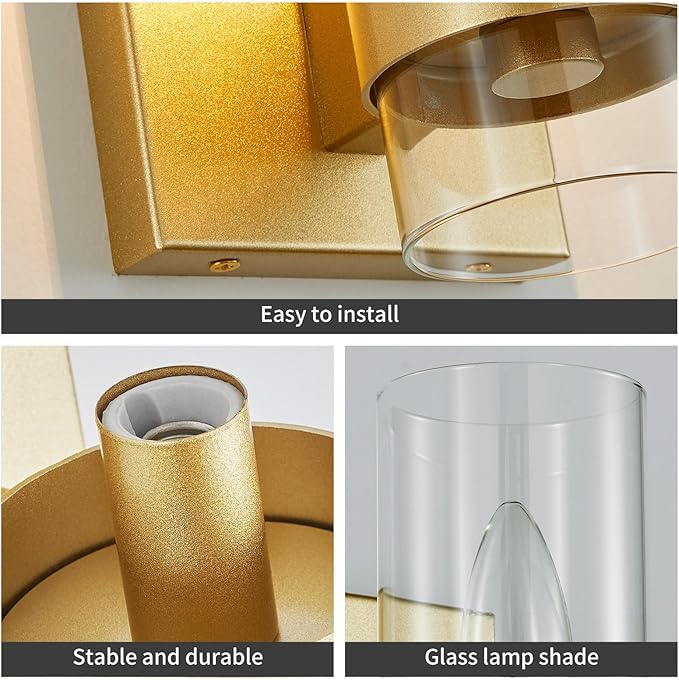 WUZUPS Set of 2 1-Light Bathroom Wall Light Fixture Over Mirror Flat Class Shade Morden Vanity Scones for Bathroom Bedroom Living Room, E12 Base, Gold