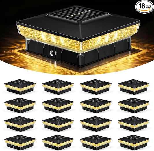 KEILAIMO Solar Post Cap Lights 16 Packs for 4x4 Wooden/Vinyl Posts, IP65 Waterproof Fence Post Solar Lights with Warm/Cool/Neutral Lighting, Outdoor Post Lights for Garden, Patio, Porch- Black