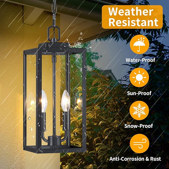 15'' Large Outdoor Pendant Light 2-Light, Modern Black Metal Outside Chandelier Exterior Hanging Fixture Ceiling Mount with Clear Glass for Front Porch Entrance Foyer Entryway, 1 Pack