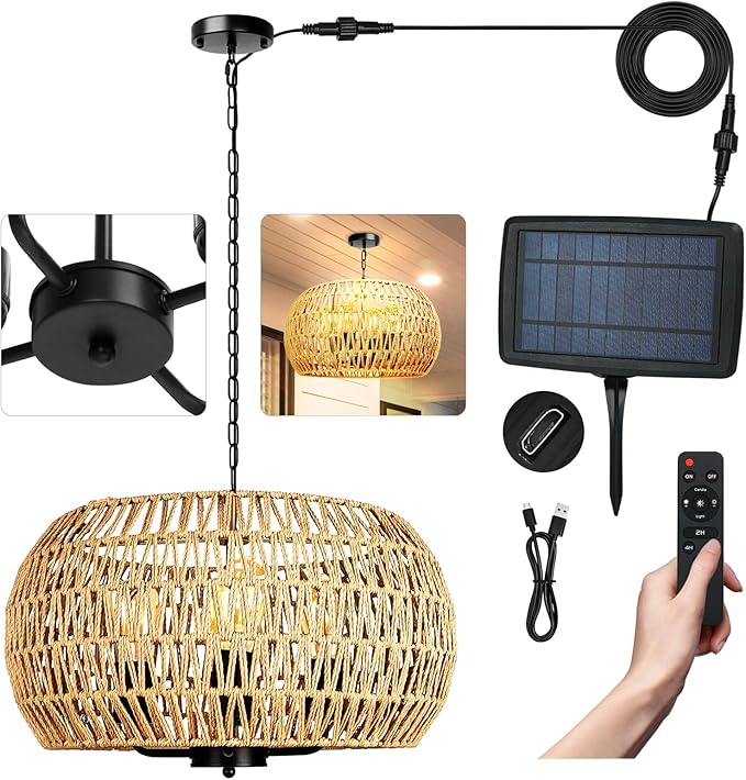 Solar Chandelier Outdoor 4-Light Rattan Chandelier Outdoor with Remote, Dimmable & Timer, Dual Power with USB, Boho Hanging Light for Porch, Gazebo, Patio, Pergola, Bulbs Included