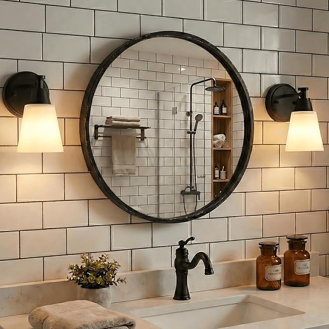 Wall Light Fixtures 2 Pack, Matte Black Vanity Lights with Milk Glass Shades, Modern Farmhouse Wall Sconces for Gallery, Mirror, Bedroom, and Bathroom