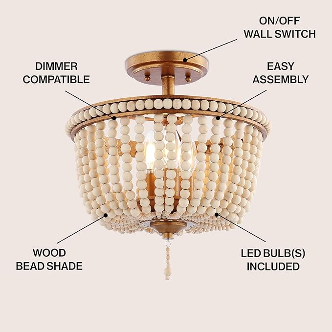 JONATHAN Y 14" Antique Gold/Light Taupe Wood Beaded LED Semi Flush Mount Light, Boho Farmhouse 3-Light Ceiling Chandelier with Cream Wood Bead Shade for Nursery, Bedroom (JYL9020C)