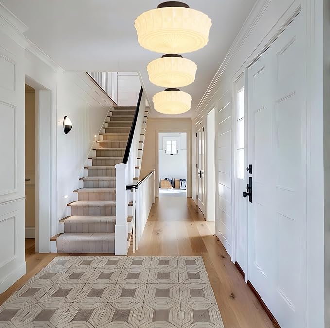 LIGHTLAND Milk Glass Ceiling Light, 13.8 Inch Mid Century Semi Flush Mount Ceiling Light Fixture, Vintage Chandelier for Bedroom, Living Room, Dining Room, Hallway (Style B, Cream)