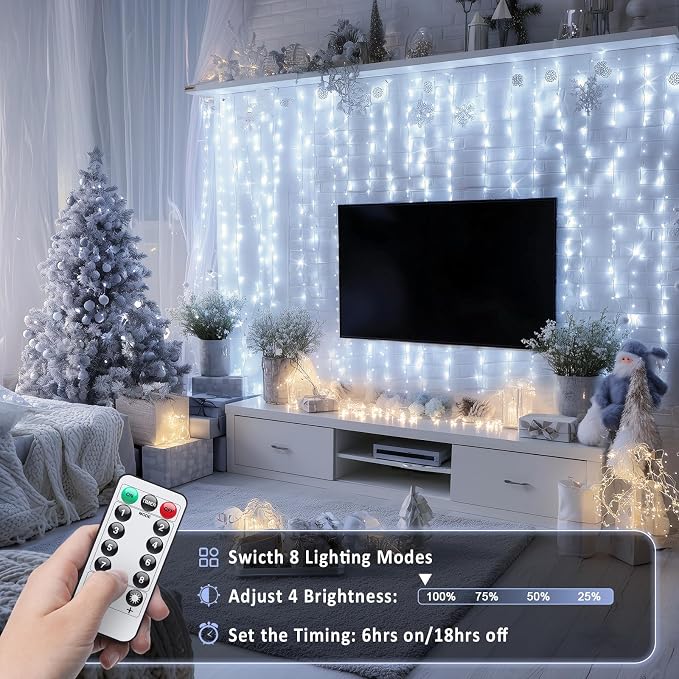 JMEXSUSS 200 LED White Curtain Lights, 6.5ft x 6.5ft White Christmas Lights with Remote, 8 Modes Curtain Hanging String Lights USB Powered for Bedroom Wall Wedding Party Backdrop Window Decor