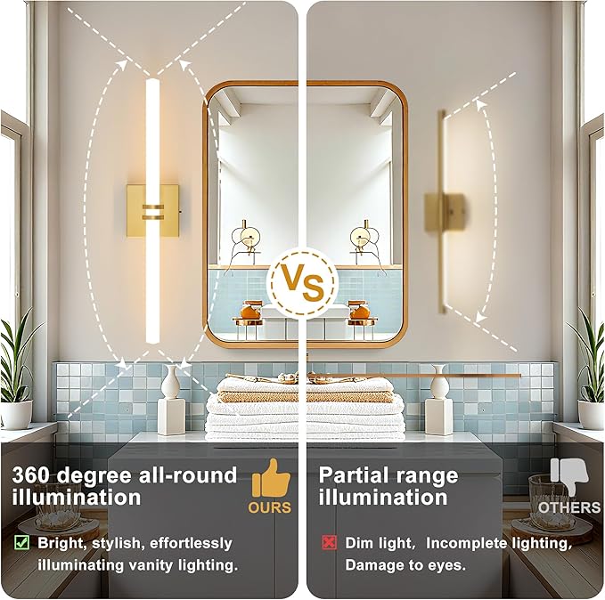Bathroom Light Fixtures,Gold 18W LED 360° Full Lighting Modern Wall Sconce Vanity Ligh with 5-Color Dimmable 3000K-6000K, 22.05inch Vanity Lighting for Bath, Powder Room, Bedroom, Hallway