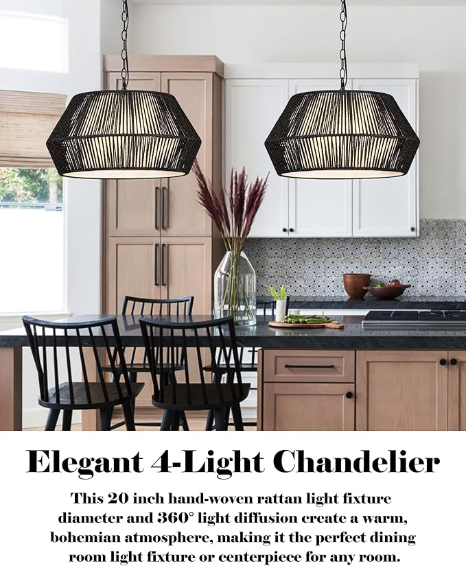 ELYONA 20" Modern Chandeliers for Dining Room, 4-Lights Large Rattan Chandelier Light Fixture with Fabric Shade Adjustable Boho Woven Hanging Pendant Light for Kitchen Island Living Room Bedroom Black