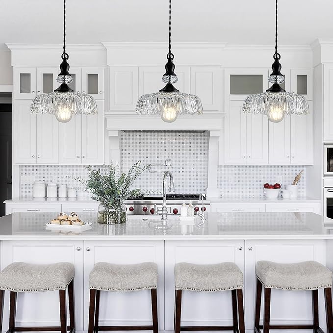 CVKASH Vintage Glass Pendant Light Fixture Black Modern Adjustable Chandelier Hanging Light for Farmhouse Dining Room Kitchen Bedroom Hallway Island