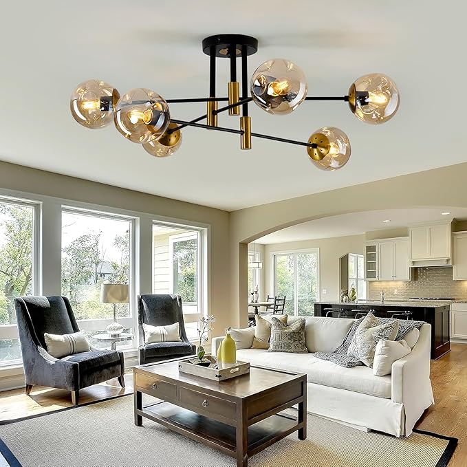 SZXYKEJI 6-Lights Sputnik Ceiling Light Fixture Mid Century Modern Glass Globe Flush Mount Chandelier Black and Gold Farmhouse Lighting for Living Room Dining Room Bedroom Kitchen