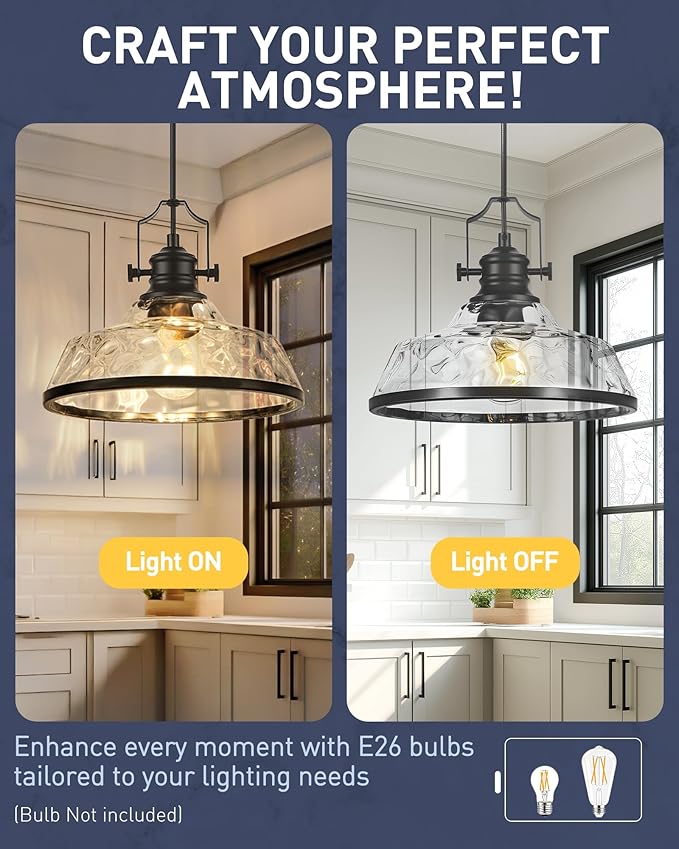 kudos 2 Pack Pendant Lights Kitchen Island, 11" Black Kitchen Island Lighting with Clear Hammered Glass Shade, Farmhouse Large Hanging Light Fixture for Kitchen Sink Dining Room, KDPL13-BK-H-2PK