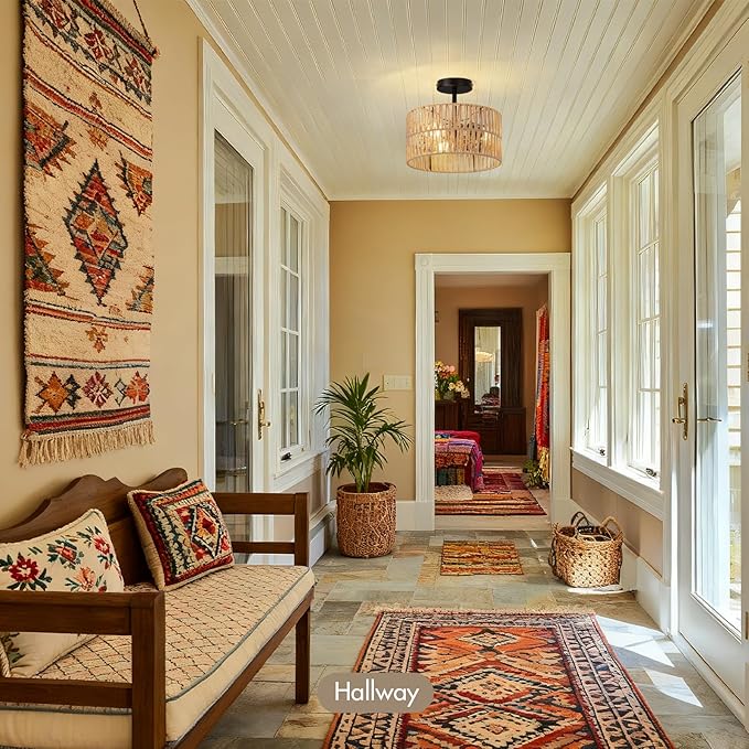 Boho Semi Flush Mount Ceiling Light Fixture Woven Rope Drum Lamp Natural Rattan Lighting for Bedroom Kitchen Hallway Entryway Closet Rustic Farmhouse Modern Bohemian Light Fixtures
