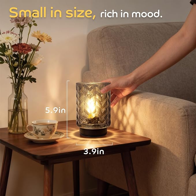 LUSHARBOR Battery Operated Lamp with Timer, Small Table Lamp for Office Desk Decor, Glass Cordless Lamp Bedside Cozy Light for Living Room Aesthetic, Entryway Wave Design-Grey