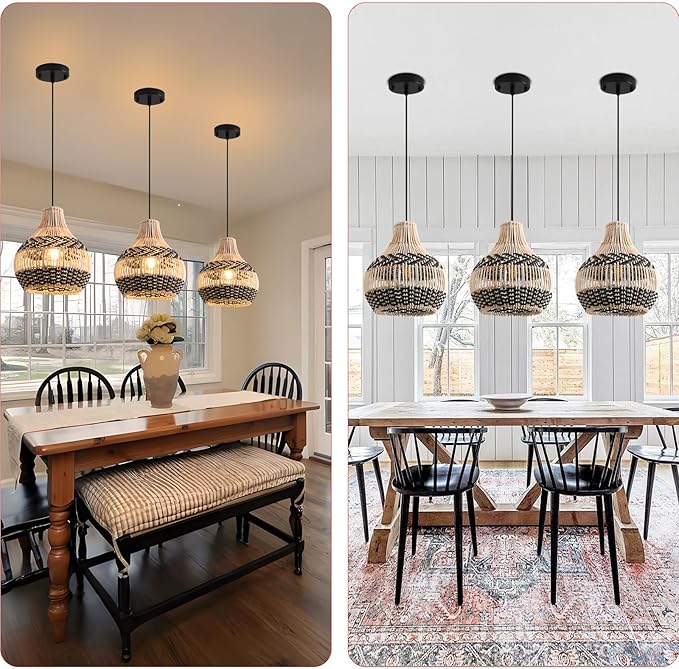 3-Pack Rattan Pendant Light,11" Hand-Woven Black Faux Boho Wicker Pendant Light Mini Rattan Hanging Light Fixture Farmhouse Woven Chandelier for Kitchen Island Bedroom Dining Room