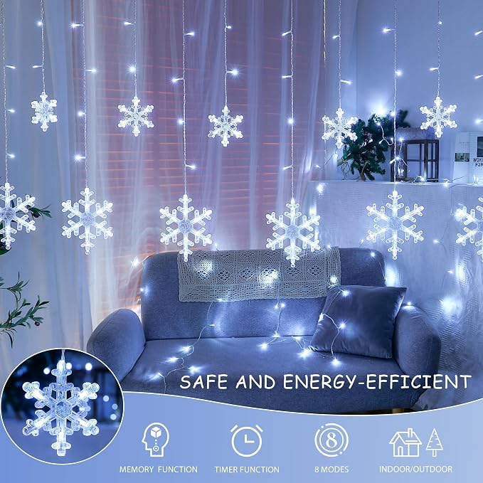 Christmas Snowflake Icicle Lights,6.5ft 144LED Curtain Lights Outdoor with 12 Drops, 8 Modes Waterproof Connectable Fairy Light for Eaves, Garden, Yard, Indoor Outdoor Xmas Decor (White)