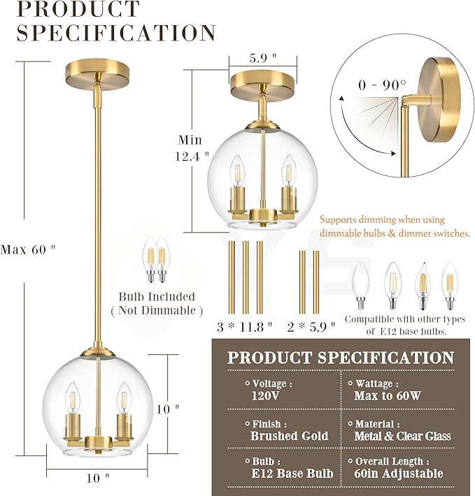 10" Gold Pendant Lights 2 Pack Glass Globe Pendant Light Fixture Bedroom Mid Century Modern Pendant Lighting Brass Pendant Light for Kitchen Island Bedroom Living Room (Bulb Incl.)