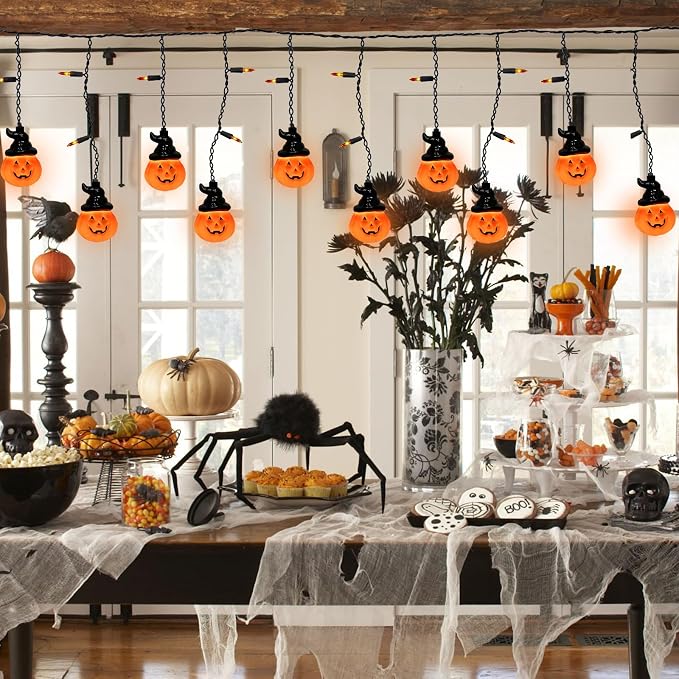 Halloween Curtain Pumpkin Hat Lights, 7Ft Hanging Halloween Decorative String Light with 10 Witch Hat Pumpkin Lights and 15 Mini Orange Bulbs UL Listed for Indoor Outdoor Party Porch Window Decor