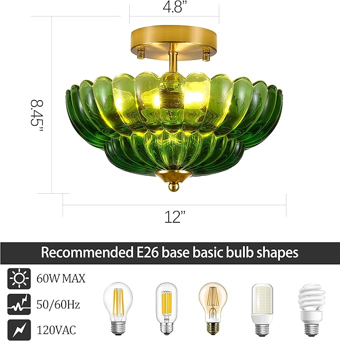 Semi Flush Mount Ceiling Light Green Crystal Glass Fixture - 12" Vintage Gold Close to Ceiling Lamp for Bedroom Hallway Kitchen Entryway, Mid Century Modern Art Deco Lighting (3-Light, E26 Base)